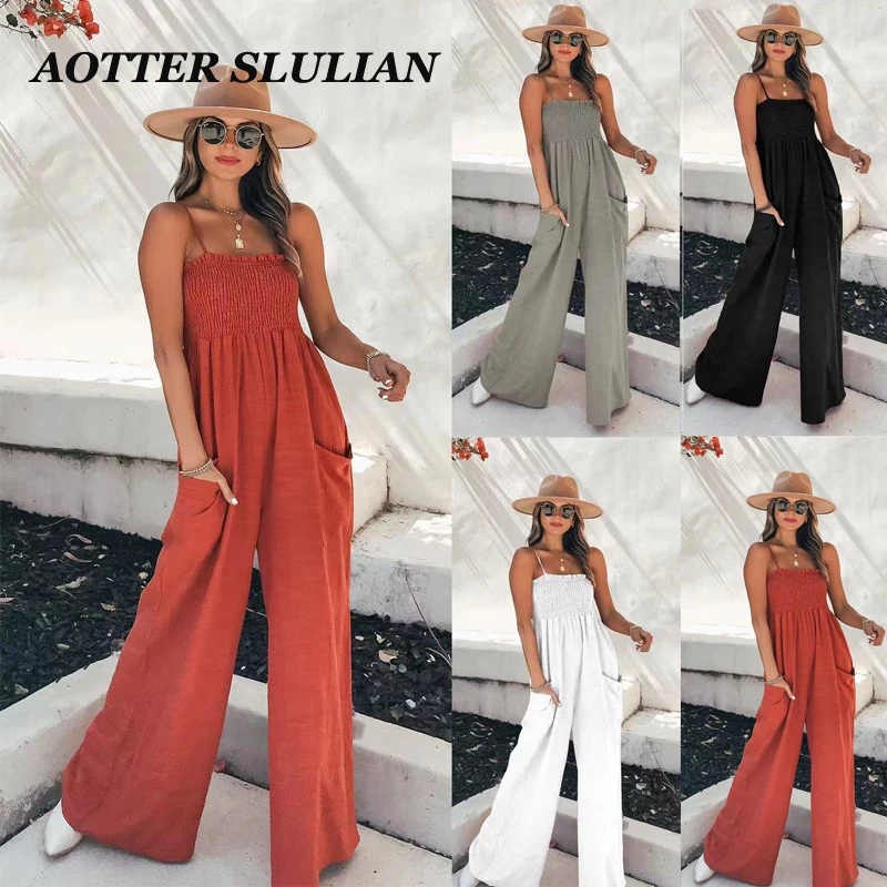 2023 Fashion Women Jumpsuit Solid Color Casual Loose Sleeveless Rompers Commuting High Waisted Suspender Straight Leg Long Pants