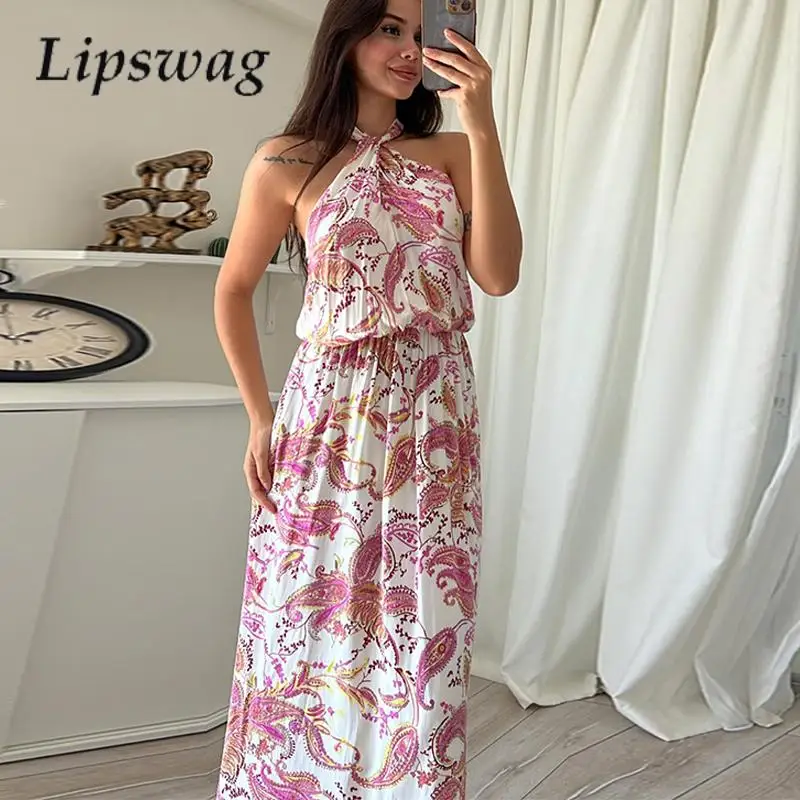 

Summer Sexy Printed Long Dress Chic Sleeveless Bohemian Beach Holiday Dress Fashion Casual Hollow Off-The-Shoulder Party Dress