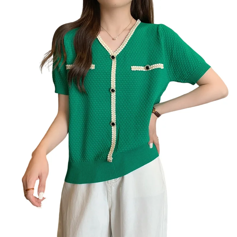 

XL-4XL Large Size Thin Knitted Sweaters Women 2023 Summer V-neck Short-sleeve Oversize Tops Splicd Color Ice Silk Knit Jumpers
