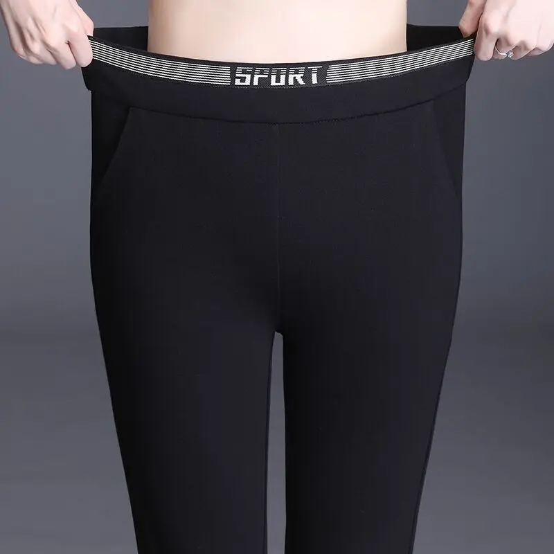 Women's Letter Patchwork Elastic Waist Casual Pants Spring and Autumn 2023 Lady Formal Solid Color Korean Slim Pocket Trousers