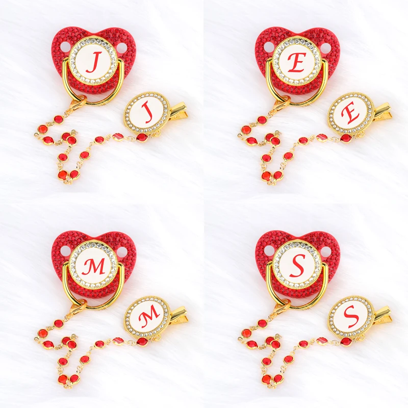 Pacifier Clip Chain Red Zircon Baby Pacifier Holder Silicone Infant Teether Nipple Bpa Free 26 Letters Newborn Personalized