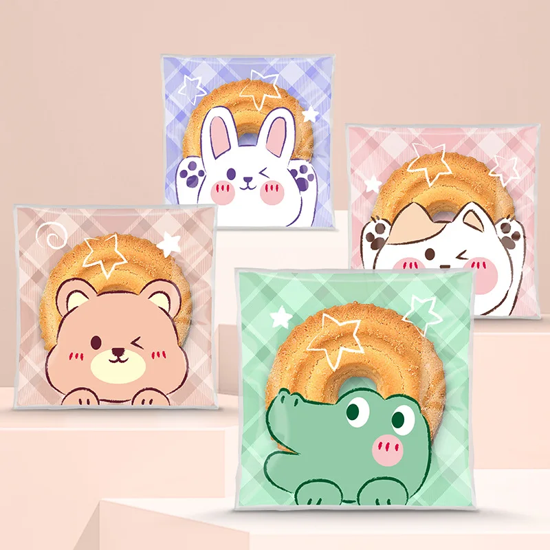 100 Stück Cartoon-niedliche selbstdichtende Beutel aus transparentem Kunststoff, perfekt zum Backen von Geschenken, Schreibwaren, Kekstüten, Keksenverpackungen