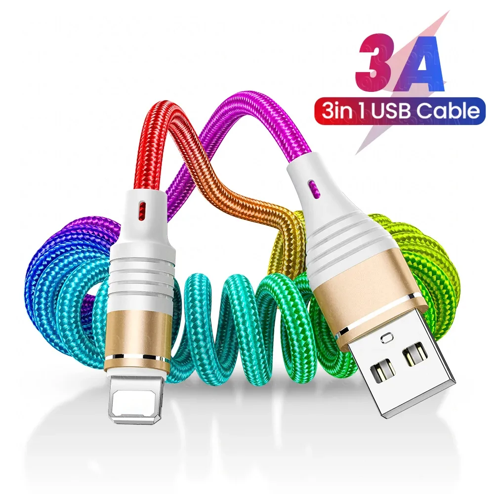 

3A Spring Cable For iPhone 13 12 11 Pro X Xs Max 7 8 6s Plus Fast Charging Charger For IOS 8 Pin USB C Cord 1M