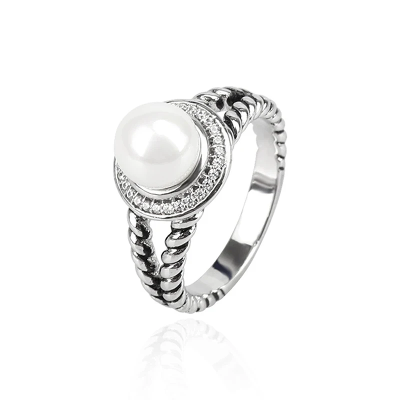 S925 Silver Classic 7mm Imitation Pearl Ring Fashion Jewelry Twisted Silk Party Wedding Ring Women's Gift