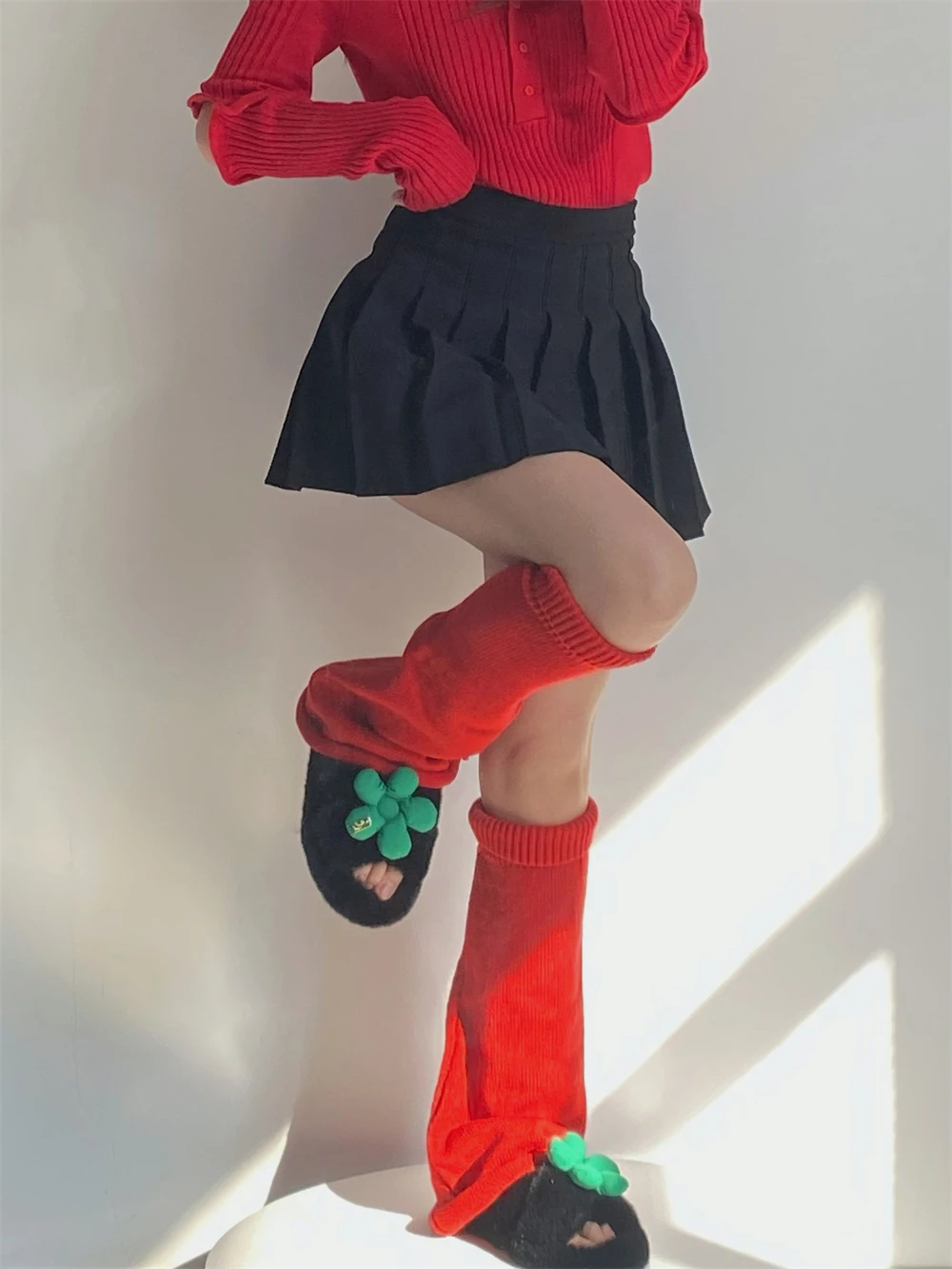 Women's Red Leg Warmers Long Wool Knitted Foot Cover Fashion Winter Leggings Socks Japanese Y2K Boot Cuffs Cosplay Accessories
