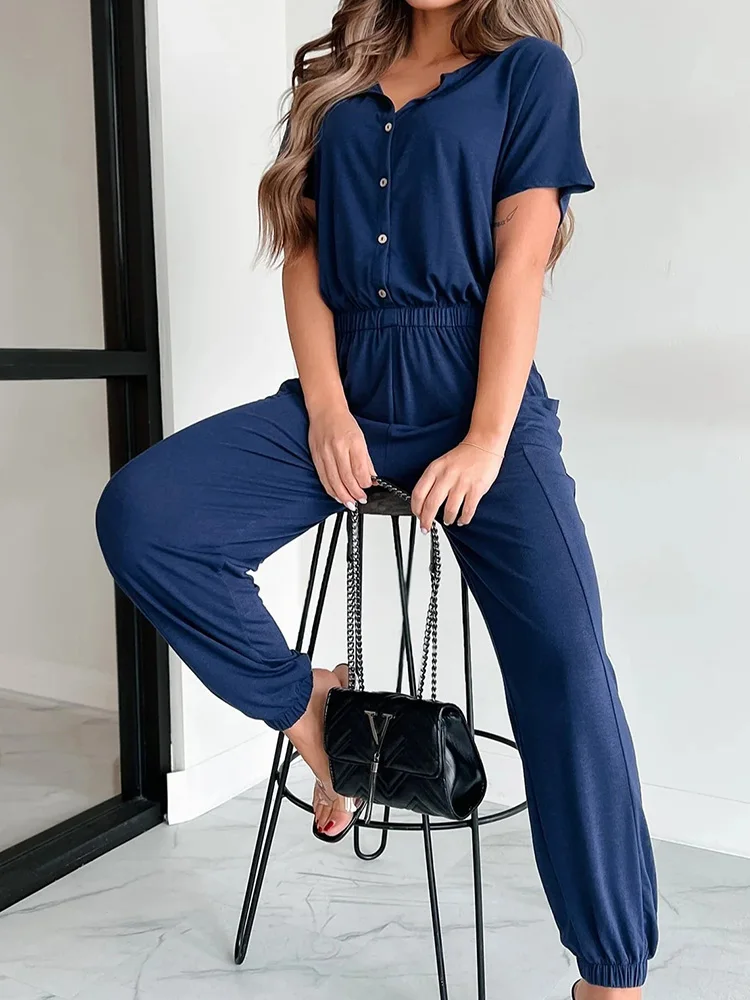 

Women Summer Solid Short Sleeve Bodysuits, Loungewear High Elastic Waist Patchwork Jumpsuits, 2024 Pencil Pants Ladies Playsuits