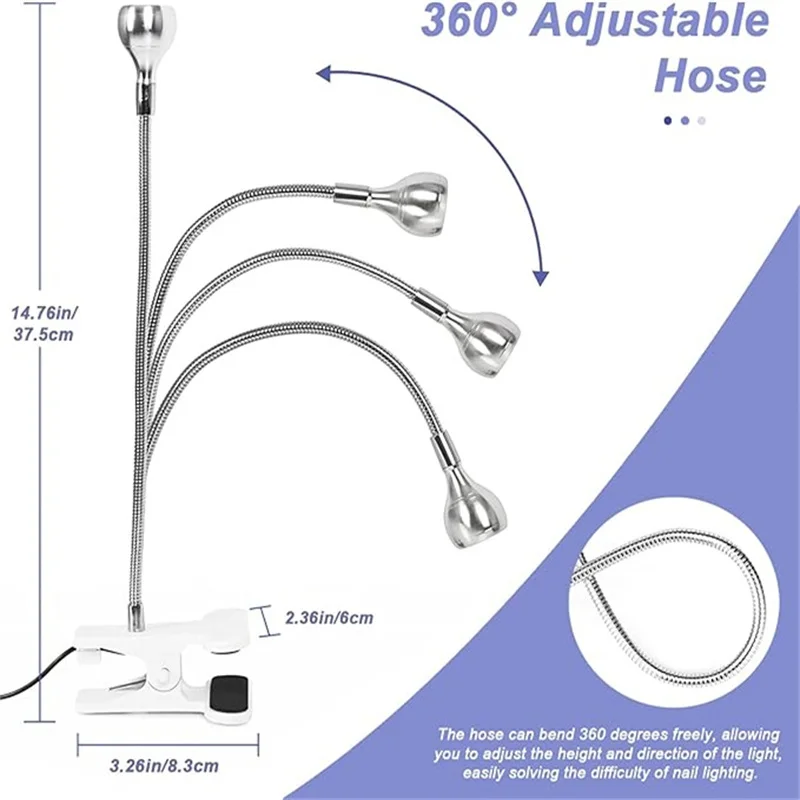 UV 네일 램프 LED 건조기 광택제 경화 램프, 유연한 구즈넥 조명 회전 고정 클립, 휴대용 매니큐어 살롱 도구, 3W