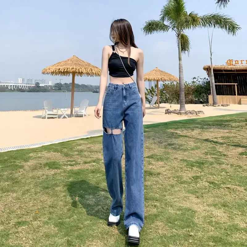 

Pants for Women Torn with Pockets Straight Leg High Waist Shot Womens Jeans Trousers Blue Holes Ripped Emo Trend 2023 90s Office