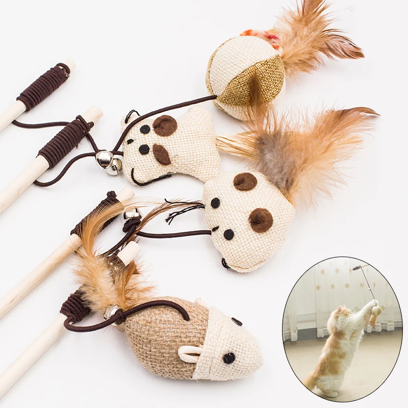 Wooden pole cat teasing stick cat pet interactive toy cloth mouse kitten feather sisal cat teasing artifact