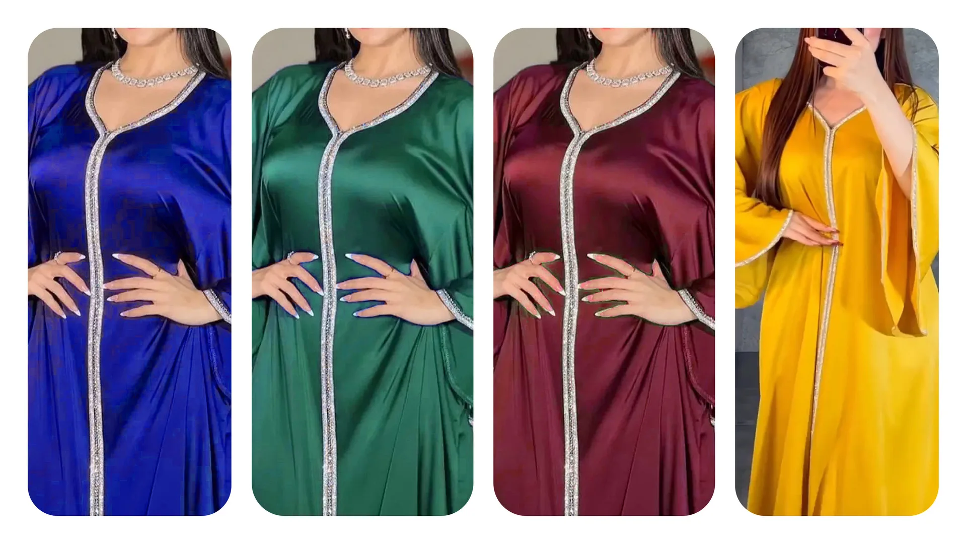Ramadan Satin Abaya Islamic Long Dress Solid Diamonds Full Sleeve V-Neck Galabiyat Turkish Muslim Caftan for Women