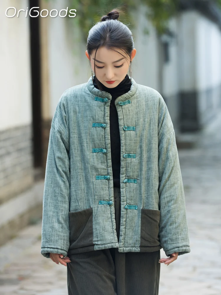 

OriGoods Padded Coats for Women 2023 Winter Thick Warm Quilted Coats Chinese Style Linen Cotton Loose Quilted Jackets B105