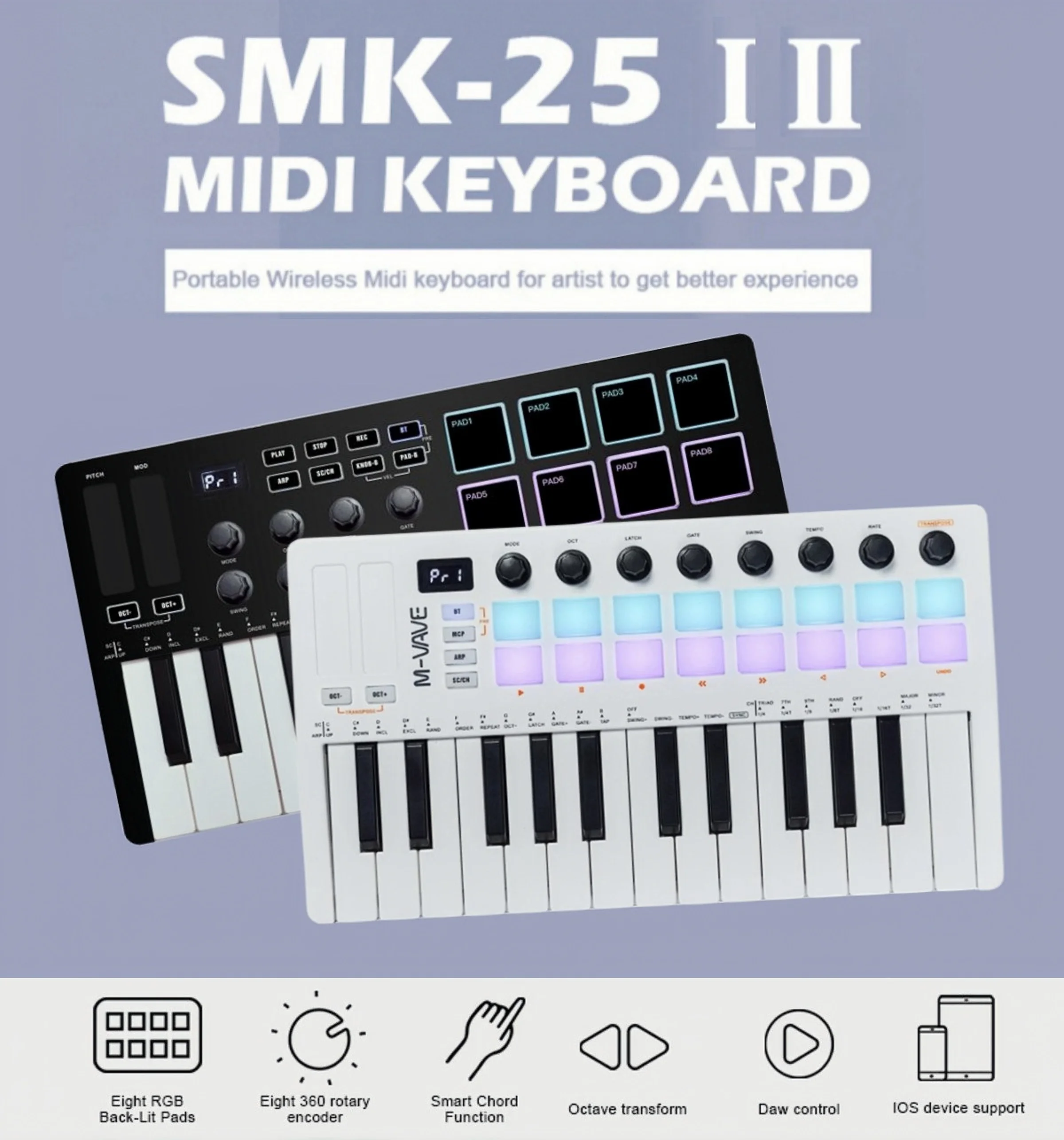 M-VAVE SMK-25 II MIDI パッド コントローラー キーボード USB ミニ 25