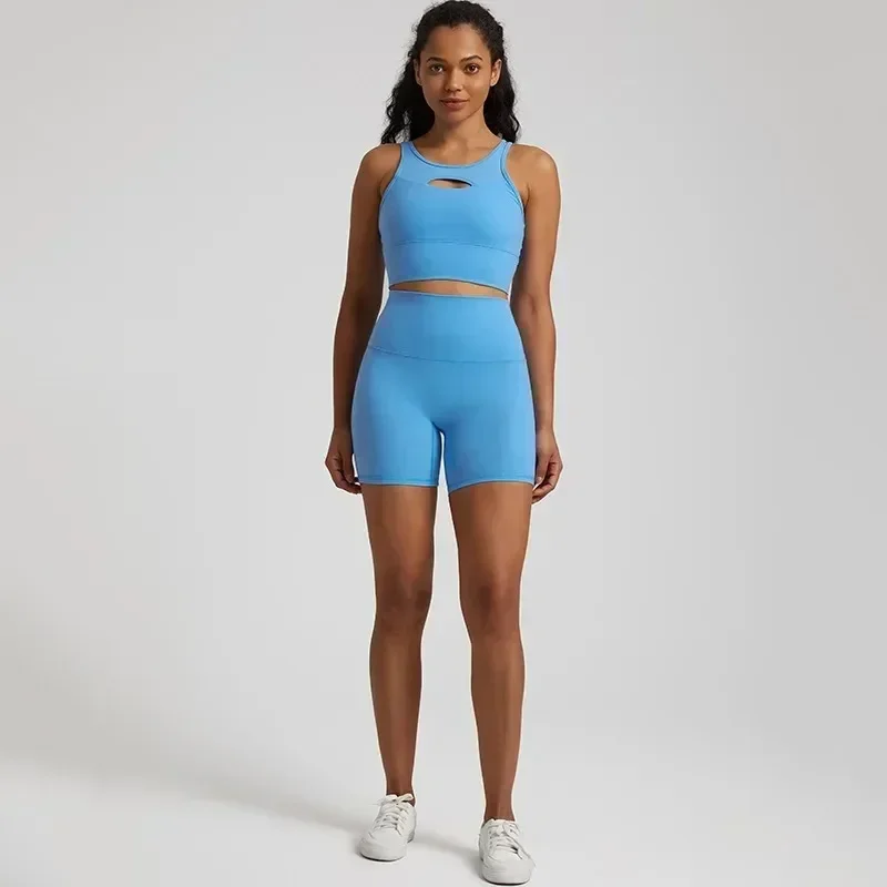 Lemon Soft Women Sport Suit High Waist Shorts Cross Fitness Bra 2pc Short Legging Yoga Set Gym Workout Training Hollow Out