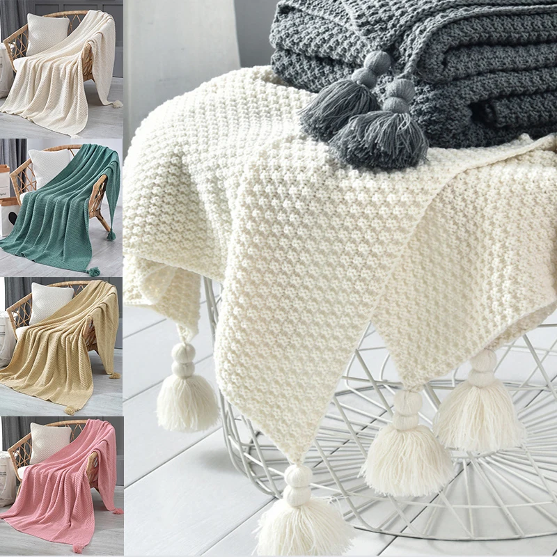 Nordic Tassel Knitted Blanket Solid Fringe Blanket For Bed Travel