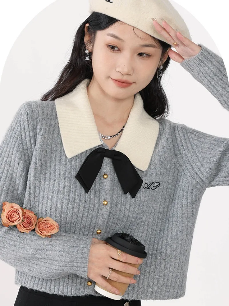 

Модный свитер с бантом, кардиган, женское художественное ретро-пальто с воротником-поло, милый облегающий осенний японский нежный женский серый топ