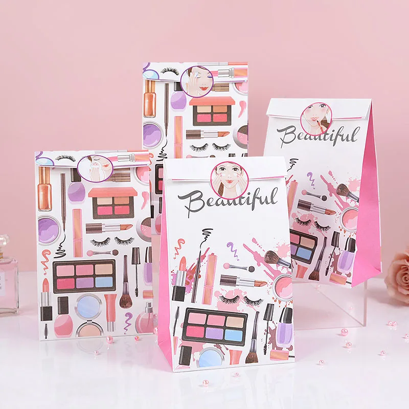 6 Stücke Make-Up Thema Geschenk Süßigkeiten Taschen Mit Aufkleber Alles Gute Zum Geburtstag Party Dekoration Geschenkbox Kinder Mädchen Spa Make-Up Party favor