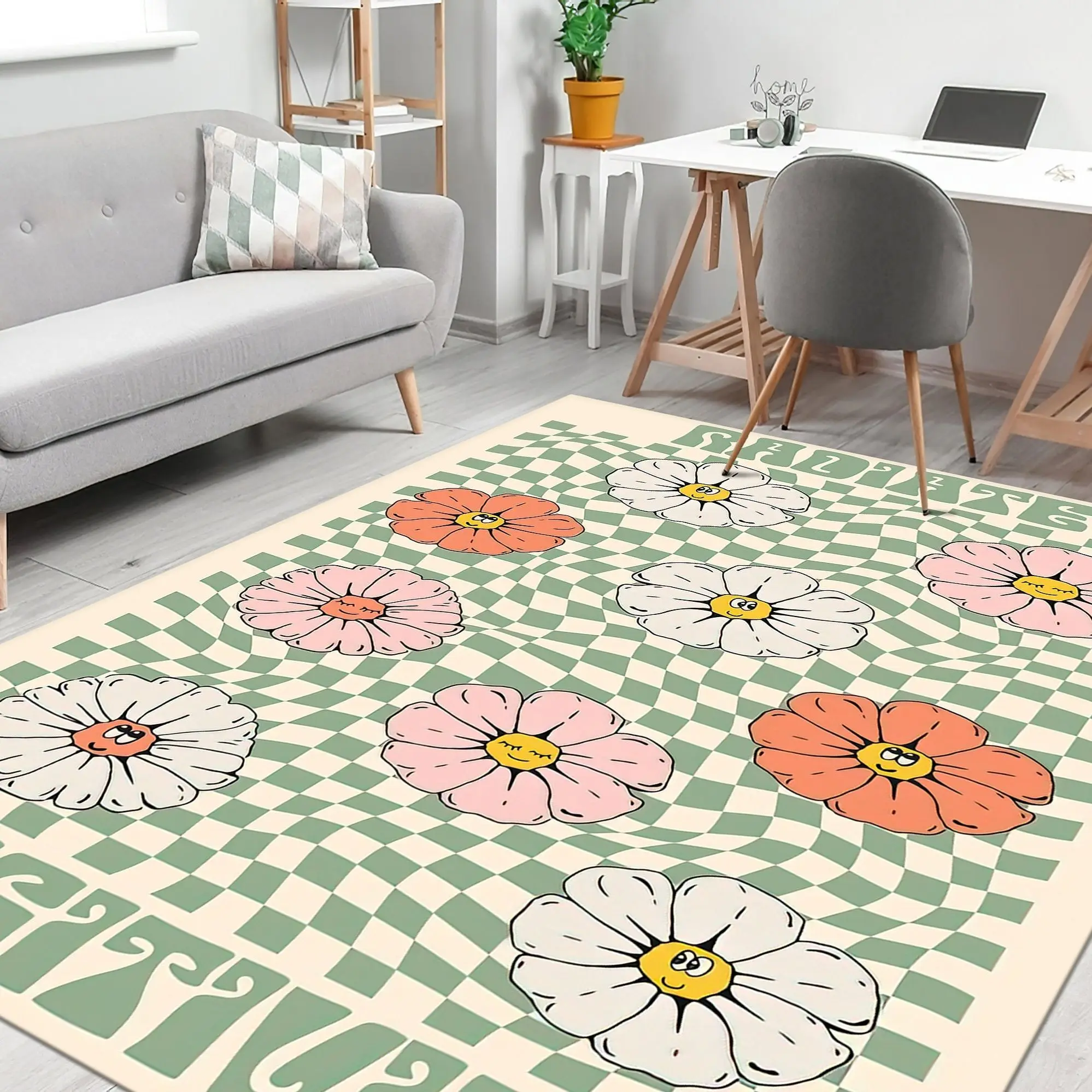 

Green Plaid Retro Home Decor Modern Rug Flower Floral Pattern Housewarming Personalized Soft Flannel Nonslip Living Room Carpets