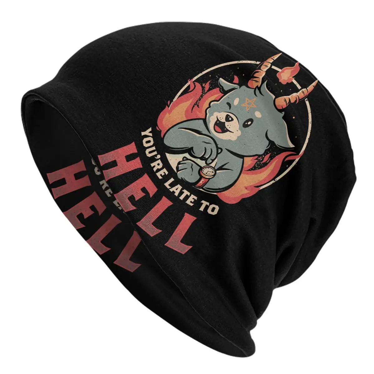 

Late To Hell Cute Evil Creepy Thin Skullies Beanies Fashion Caps For Men Women Baphomet Satan Lucifer Ski Caps Bonnet Hats