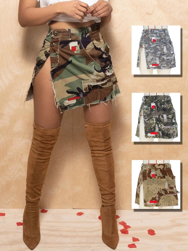 

HAOYUAN Camouflage Cargo Skirts for Womens Y2k Streetwear 90s Clothes Rave Asymmetrical Slit Camo High Waist Short Mini Skirt