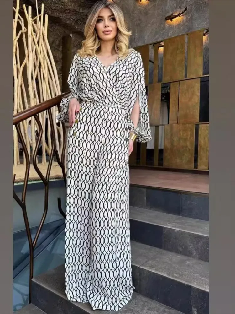 Fashion Print Pants Sets Women V-neck Long Sleeve Cropped Top High Waist Wide Leg Trousers Two Piece Set Female Trend Streetwear