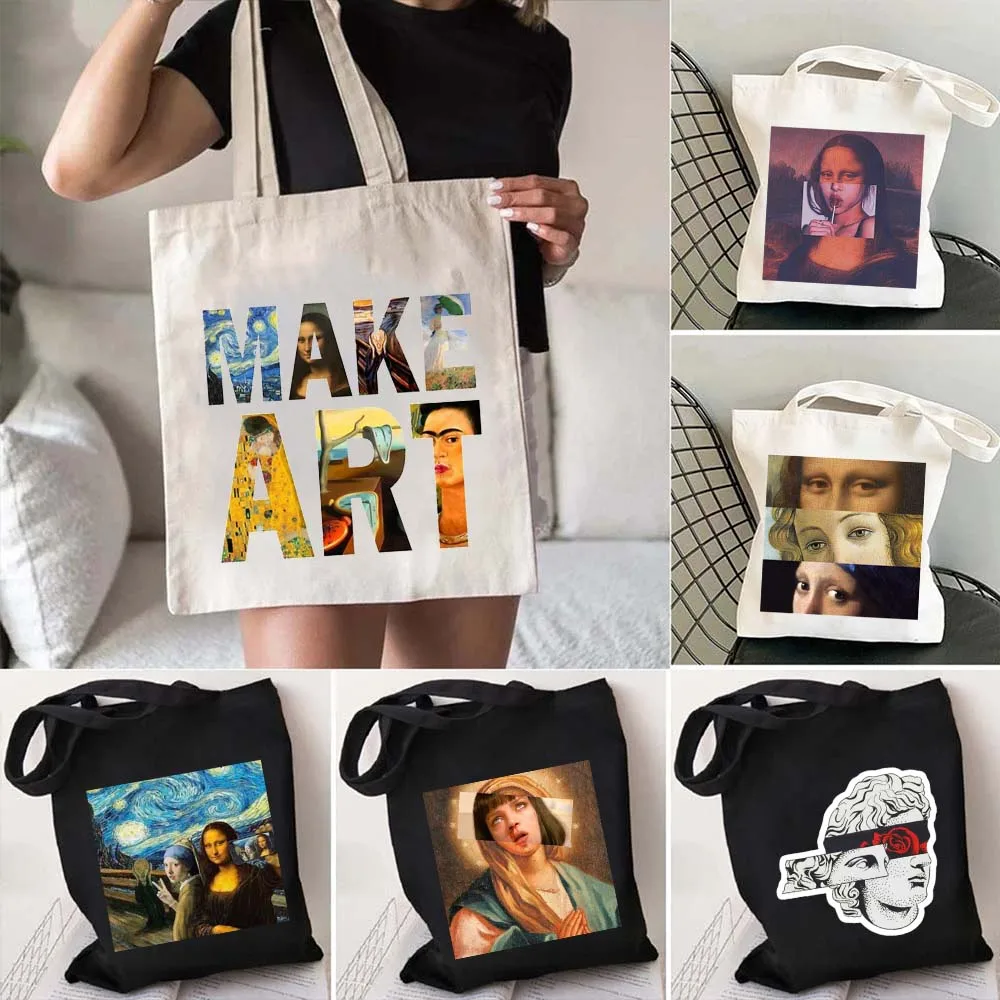 

MAKE ART Famous Paintings Smile Monalisa Lollipop Van Gogh Heaven Virgin Mary Shopper Canvas Tote Shopping Bag Shoulder Handbags