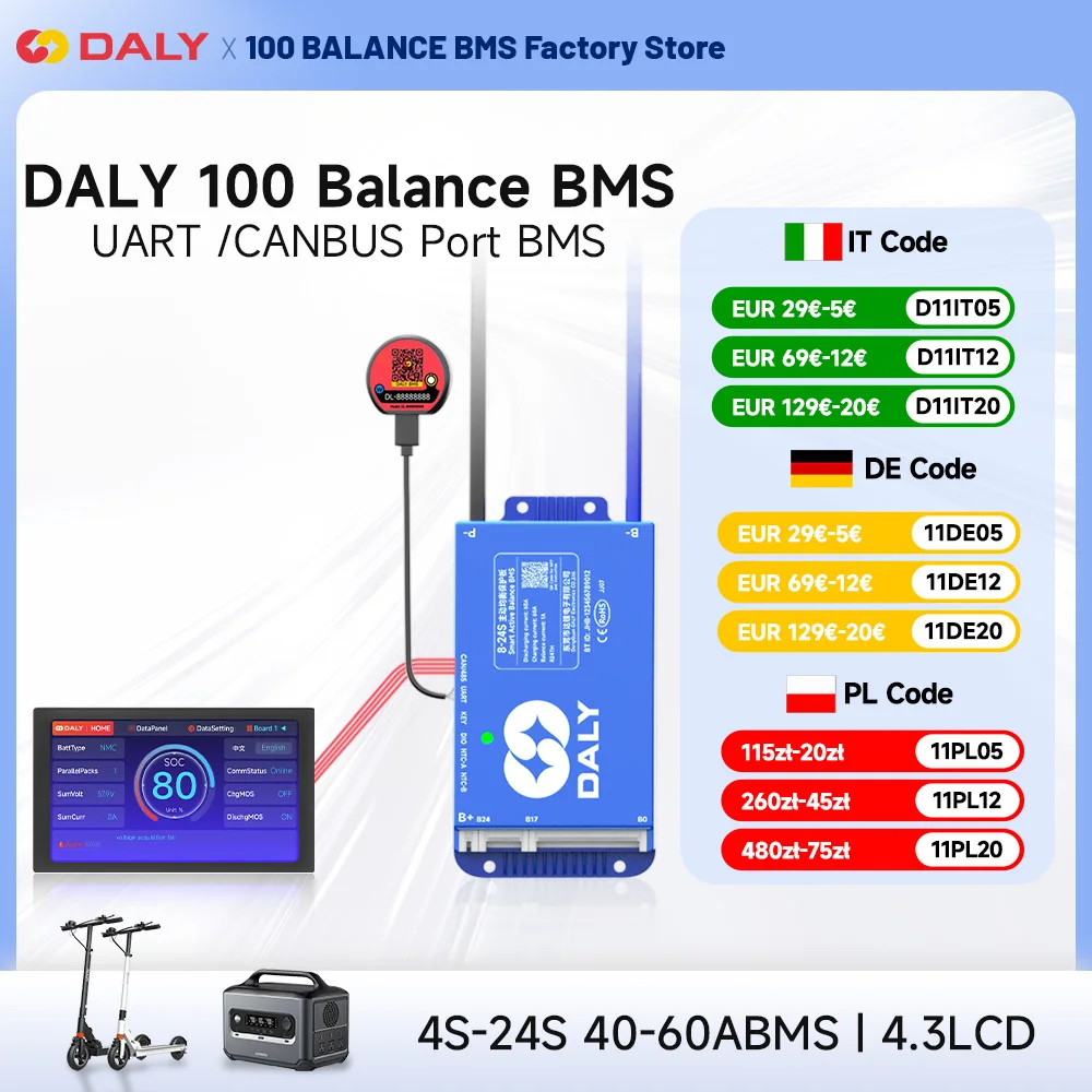 DALY Smart BMS LiFePO4 20S 60V 100A Bluetooth Smart PCB Battery Protection Board Battery Management System With Balancing Cables And Wireless Bluetooth Module For Lithium Iron Phosphate