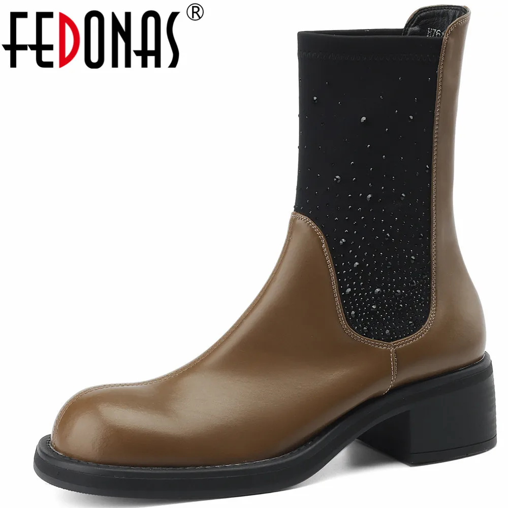 

Женские полусапожки со стразами FEDONAS, черные ботильоны из натуральной кожи на толстых каблуках, повседневная обувь для офиса на осень и зиму 2023