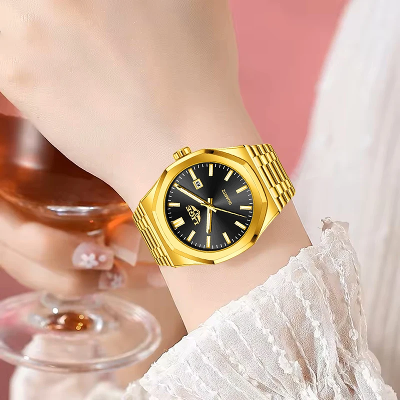 Elegant Gold Quartz Women's Watch - Luminous, Waterproof, Date Display, and Steel Chronograph Design