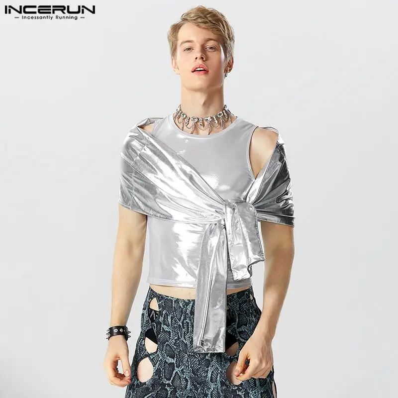 

American Style New Men's Fashion Flash Fabric Tank Tops Casual Male O-Neck Cropped Sleeveless Waistcoat S-5XL INCERUN Tops 2023