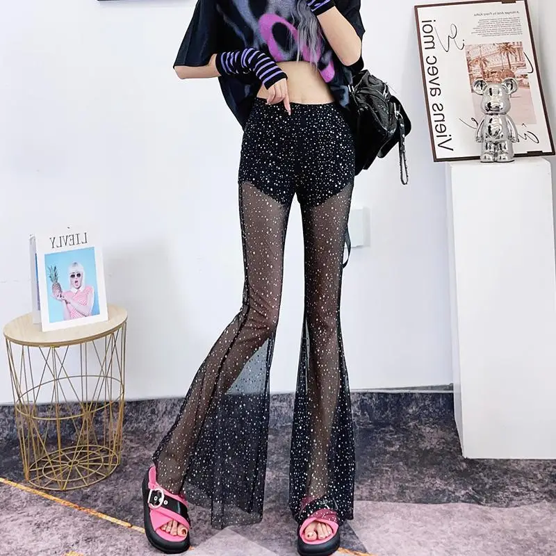 Super Thin Summer Flare Pants for Women High Waist Perspective Hot Drill Sequin Mesh Mopping Floor Casual Straight Long Trousers