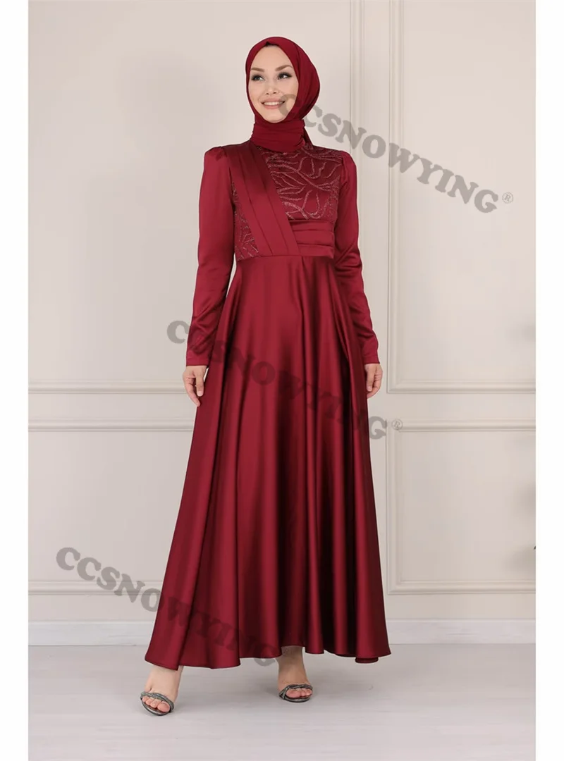 

Burgund Satin Appliques Beaded Muslim Evening Dresses Long Sleeve Hijab Prom Formal Party Gown Arabic Women Robes De Soirée