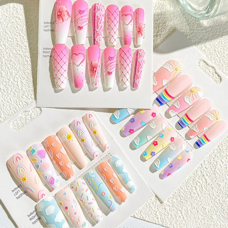 

12pcs Wearable Press on Fake Nails with Relief Design Shiny Design Lovely Girl False Nail with Wearing Tools Nail Art Supplies