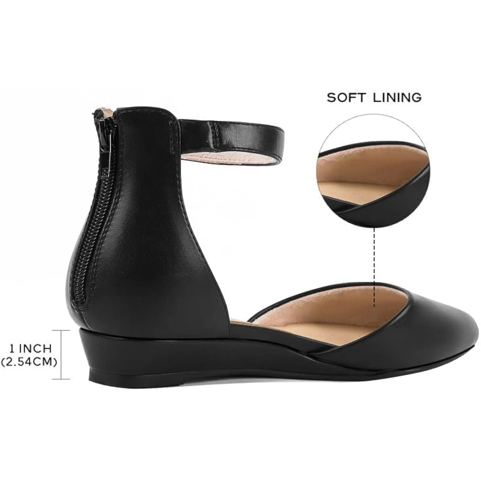 Comfortable Low Wedge Shoes: Women's Ankle Strap Flats with Pointed Toe and Back Zipper – Ideal for Work, Office, and Dressy Eve 4