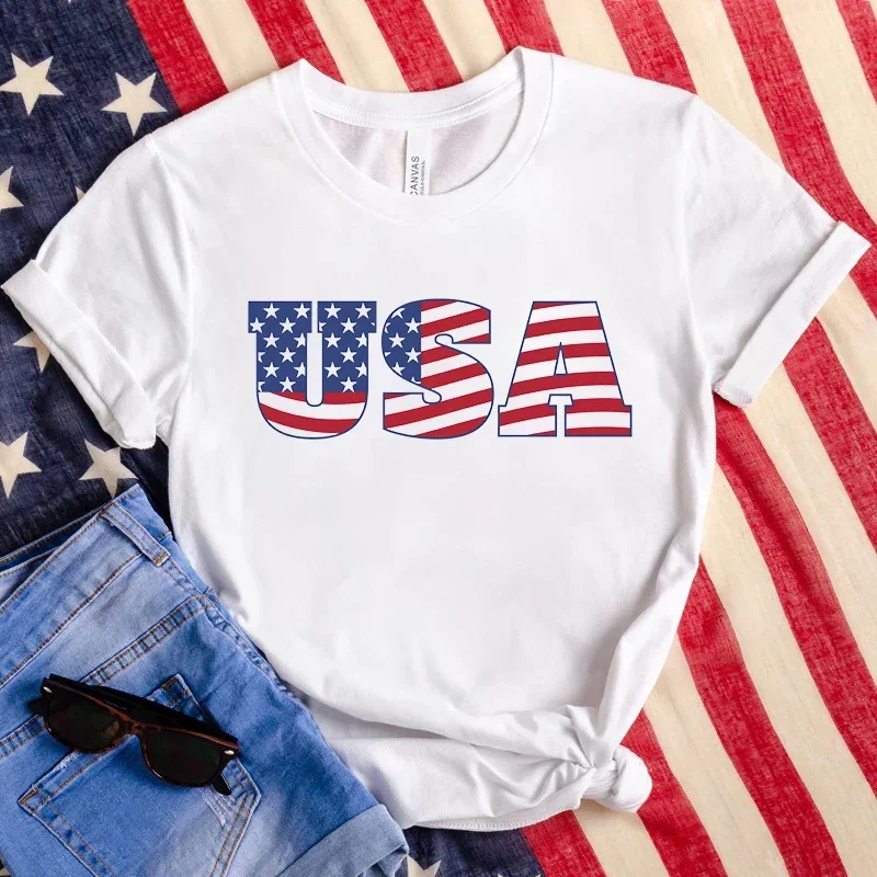 

Топы из 2024 хлопка, популярная футболка унисекс с принтом День независимости США 4 июля, Свободные повседневные топы с коротким рукавом в стиле Харадзюку, женские футболки