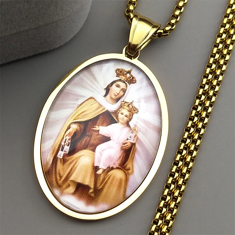 Virgin Mary Holding Baby Jesus Glass Pendant Necklace 3