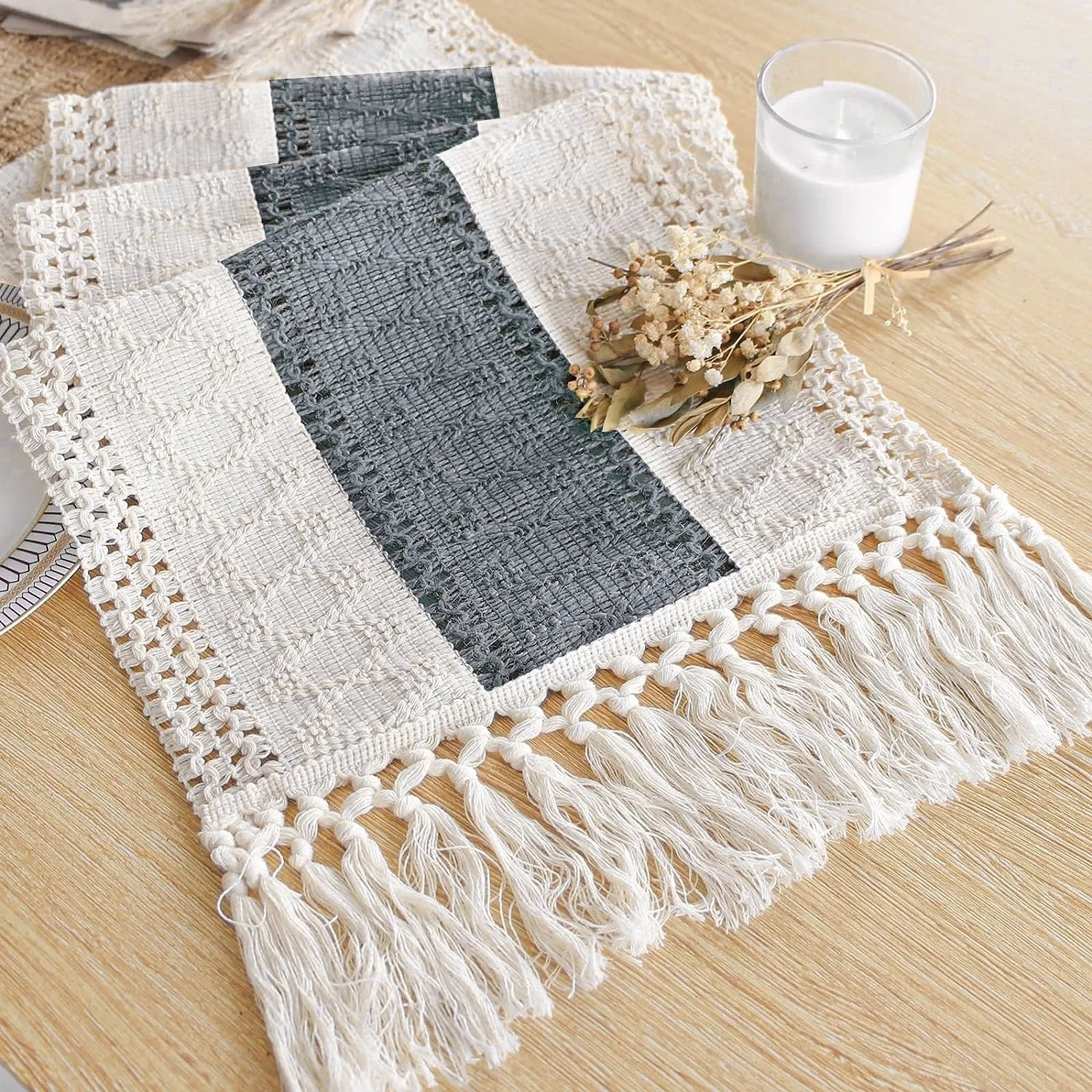 Macrame Table Runner Macrame Table Runner Cream Beige and Grey Boho Table Runner Tassels Hand Woven Rustic Kitchen Dining Room