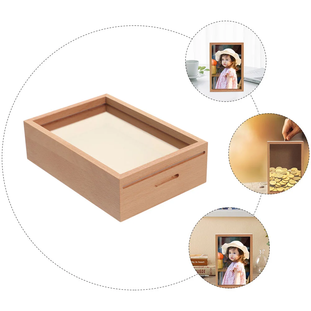 Wood Piggy 5 Inch Photo Frame Money Jar for Saving Kids Photo Frame Piggy Bank Adults Storage Bedroom Office Decor 3