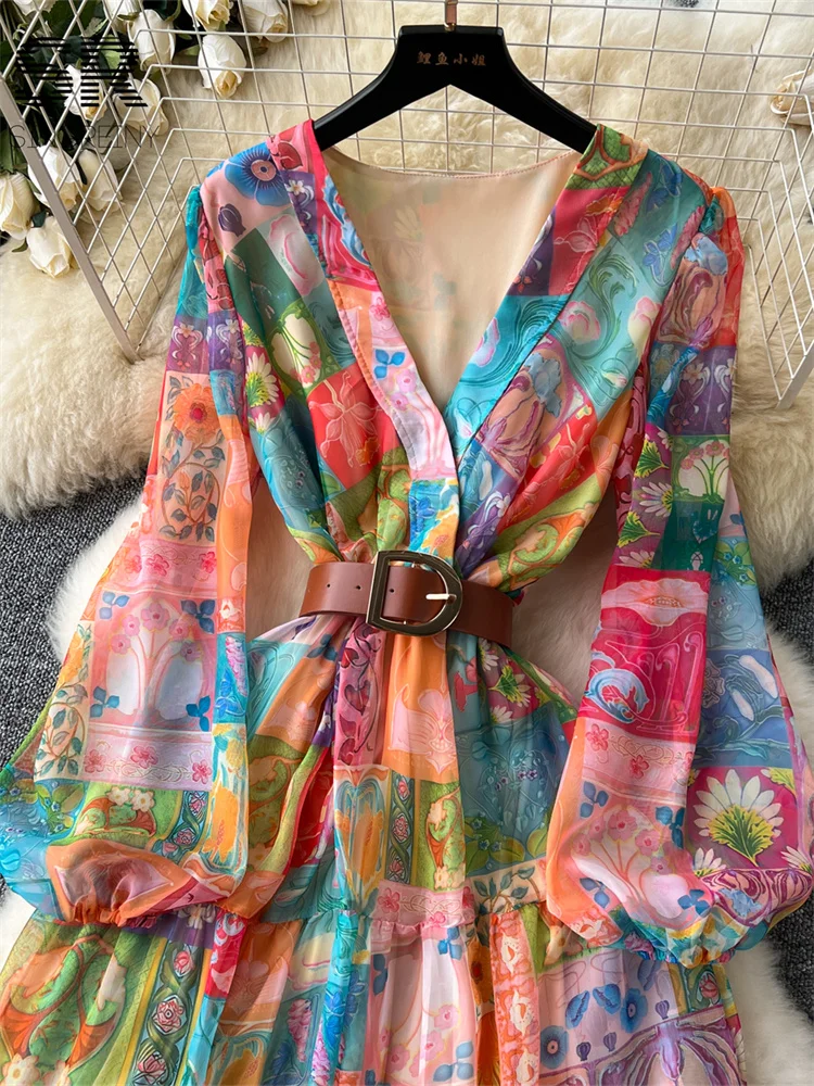 SINGREINY Floral Print Chiffon Dress Belt Design Women V