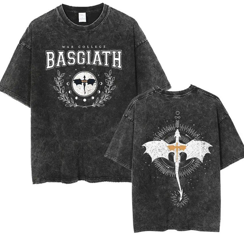 Basgiath War College Vintage Washed  T Shirts Fourth Wing Dragon Rider Print Short Sleeve T-shirt Men's Fashion Oversized Tshirt