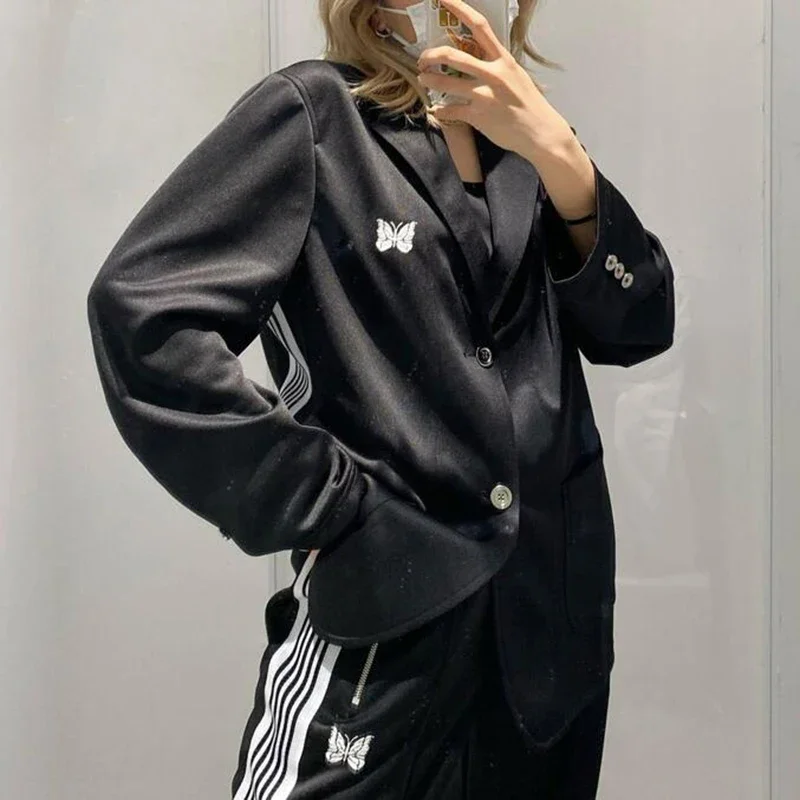 

AWGE NEEDLES White Butterfly Embroidery Track Stripe Black Jacket Long Sleeve Men Women Button Lapel Collar Coat