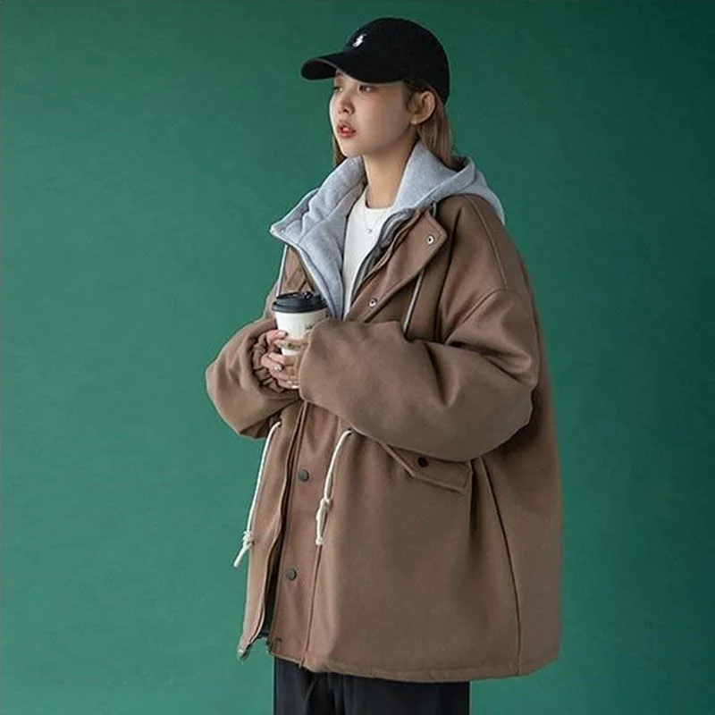 American Retro Fake Two Hooded Coat Women 2023 Winter New Plus Cotton Thickened Cotton Jacket Loose Korean Version Solid Color