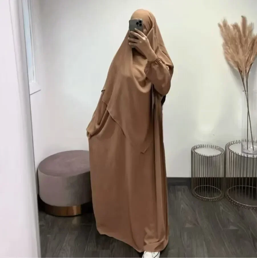 Long Hijab Khimar with Abaya Dress Jilbab 2 Piece Set for Women Ramadan Muslim Prayer Clothes Islam Abayas Dubai Niqab Djellaba