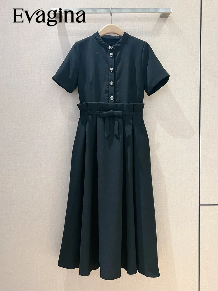 

Evagina Spring/Summer New Fashion Designer Dress Women's Five-Pointed Star Buttons Ruffled Bow Slim Pleated Dresses