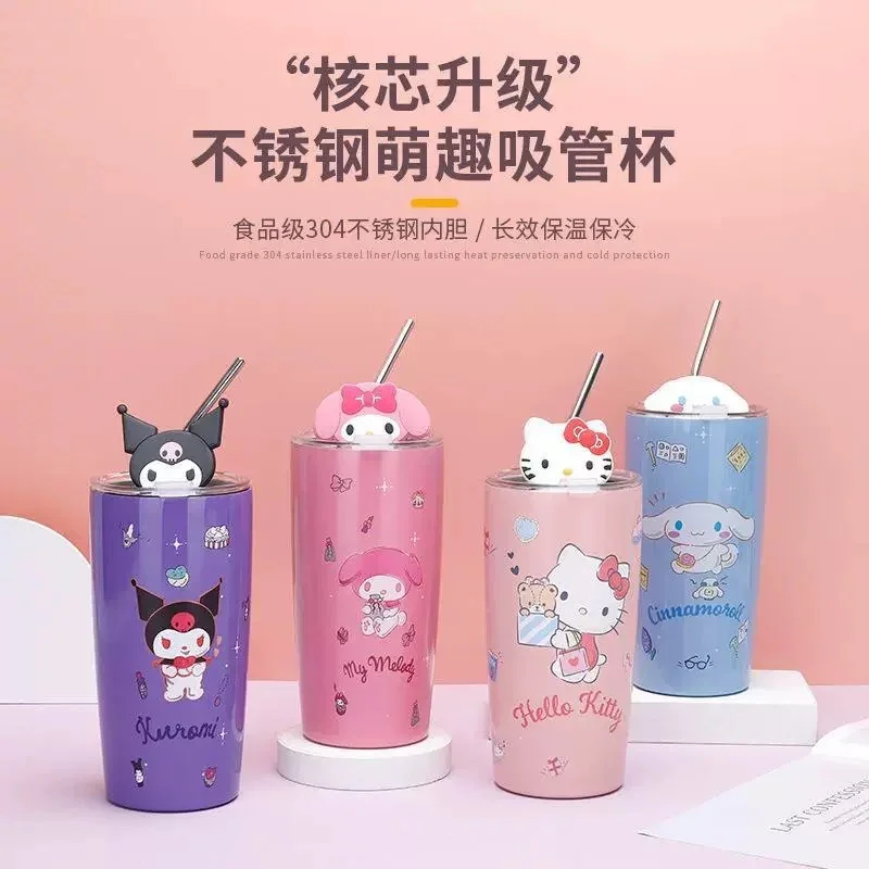 

Sanrio Anime Hello Kitty Straw Stainless Steel Insulated Cup Cute Cartoon Kuromi Melody Decoration Doll Water Cup Holiday Gifts