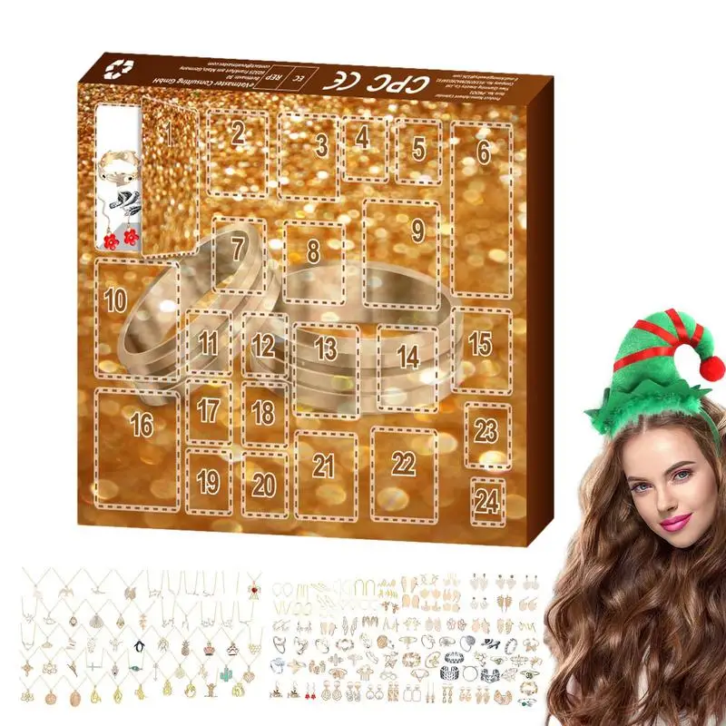 

Christmas Countdown Calendar Jewelry Set Ring Necklace Earrings 24-Piece Advent Gift Exquisite Girls Jewelry Advent Calendar