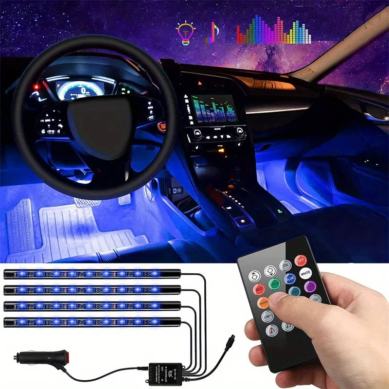 자동차 인테리어 앰비언트 풋 라이트, USB 무선 원격 음악 앱 제어, 자동 RGB 분위기 장식 램프, 36 48 LED, 4 개