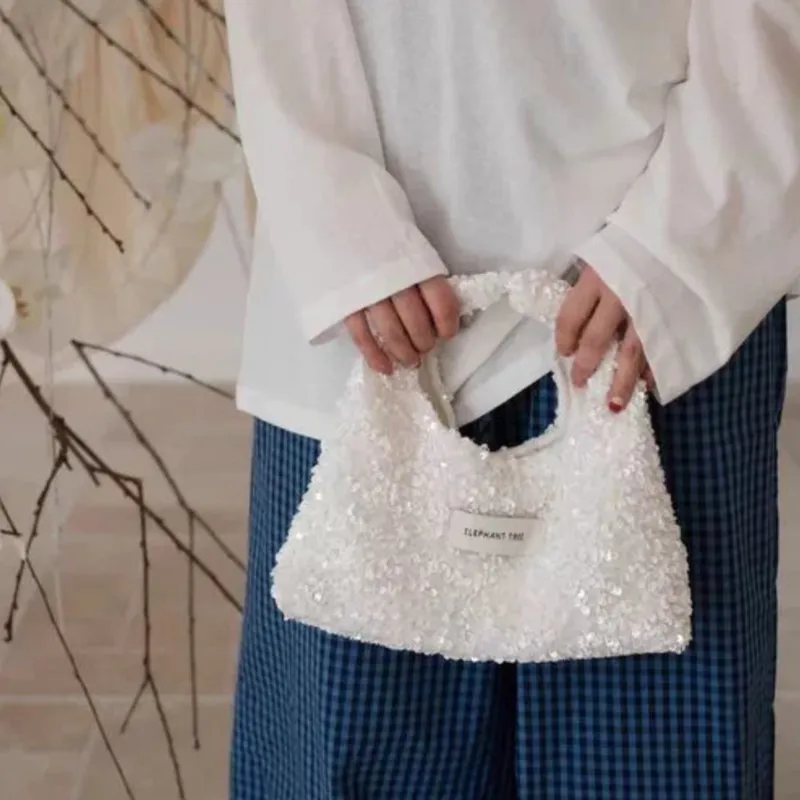JIAERDI Pure White Sequined Handbag Women Exquisite Small Hobo Bucket Bag Ladies Fashion Premium Design Versatile Purse 2025 New