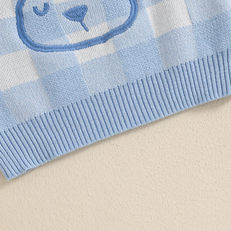 FOCUSNORM 0–3 Jahre schöner Baby-Pullover für Jungen und Mädchen, 2 Farben, Kaninchen-Stickerei, karierter Druck, langärmelig, Rundhals-Strickpullover – Detail 5