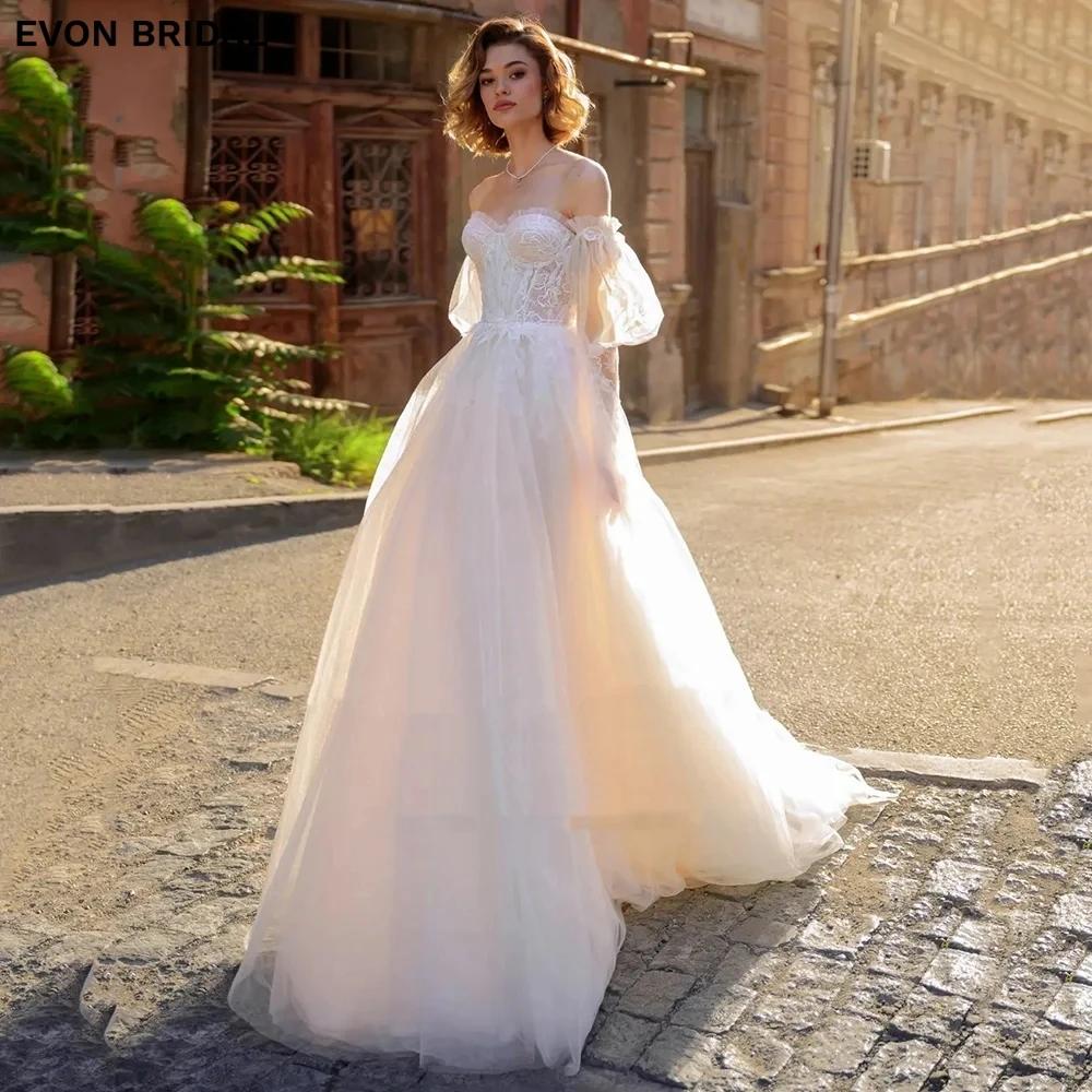 

EVON BRIDAL Simple Sweetheart Modest Off the Shoulder Wedding Dresses for Women Floor Length Backless Lace Tulle Prom Dresses