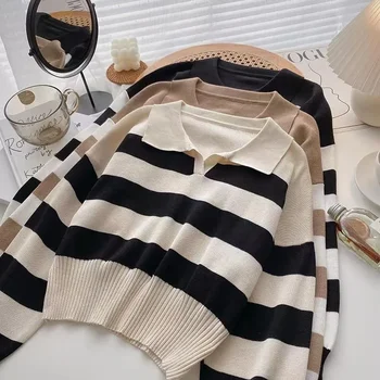 Maglione a Collo Polo a Righe per Donna, Nero e Bianco, Maniche a Lanterna, Morbido ed Elastico, Crop Top Minimalista alla Moda
